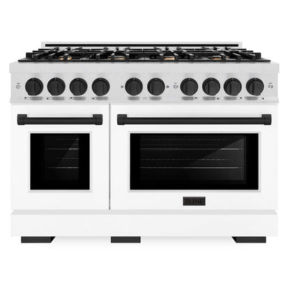 ZLINE Autograph 48" 6.7 cu. ft. Select Double Oven Dual Fuel Range with 8 Burners in DuraSnow® Stainless Steel with White Matte Doors and Matte Black Accents, HDRSZ-WM-48-MB