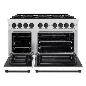 ZLINE Autograph 48" 6.7 cu. ft. Select Double Oven Dual Fuel Range with 8 Burners in DuraSnow® Stainless Steel with White Matte Doors and Matte Black Accents, HDRSZ-WM-48-MB
