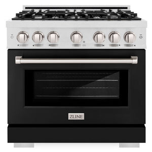 ZLINE 36" 5.2 cu. ft. Select Gas Range with 6 Burners in DuraSnow® Stainless Steel with Black Matte Door, HGRS-BLM-36