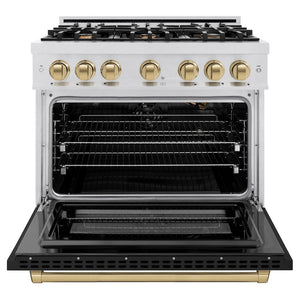 ZLINE Autograph 36" 5.2 cu. ft. Select Gas Range with 6 Burners and Convection Gas Oven in DuraSnow® Stainless Steel with Black Matte Door and Champagne Bronze Accents, HGRSZ-BLM-36-CB