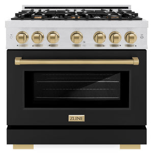 ZLINE Autograph 36" 5.2 cu. ft. Select Gas Range with 6 Burners and Convection Gas Oven in DuraSnow® Stainless Steel with Black Matte Door and Champagne Bronze Accents, HGRSZ-BLM-36-CB