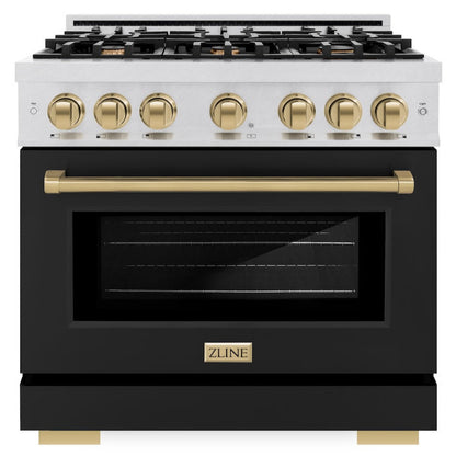 ZLINE Autograph 36" 5.2 cu. ft. Select Gas Range with 6 Burners and Convection Gas Oven in DuraSnow® Stainless Steel with Black Matte Door and Champagne Bronze Accents, HGRSZ-BLM-36-CB