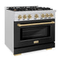 ZLINE Autograph 36" 5.2 cu. ft. Select Gas Range with 6 Burners and Convection Gas Oven in DuraSnow® Stainless Steel with Black Matte Door and Champagne Bronze Accents, HGRSZ-BLM-36-CB