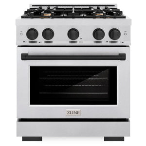 ZLINE Autograph 30" 4.2 cu. ft. Select Gas Range with 4 Burners in DuraSnow® Stainless Steel and Matte Black Accents, HGRSZ-30-MB