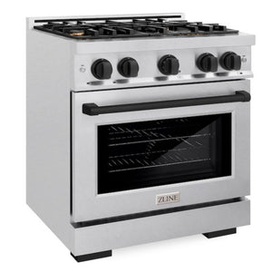 ZLINE Autograph 30" 4.2 cu. ft. Select Gas Range with 4 Burners in DuraSnow® Stainless Steel and Matte Black Accents, HGRSZ-30-MB