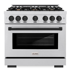 ZLINE Autograph 36" 5.2 cu. ft. Select Gas Range with 6 Burners and Convection Gas Oven in DuraSnow® Stainless Steel and Matte Black Accents, HGRSZ-36-MB