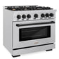 ZLINE Autograph 36" 5.2 cu. ft. Select Gas Range with 6 Burners and Convection Gas Oven in DuraSnow® Stainless Steel and Matte Black Accents, HGRSZ-36-MB