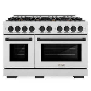 ZLINE Autograph 48" 6.7 cu. ft. Select Double Oven Gas Range with 8 Burners in DuraSnow® Stainless Steel and Matte Black Accents, HGRSZ-48-MB