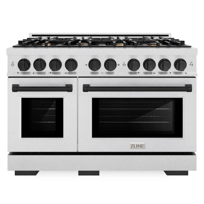 ZLINE Autograph 48" 6.7 cu. ft. Select Double Oven Gas Range with 8 Burners in DuraSnow® Stainless Steel and Matte Black Accents, HGRSZ-48-MB