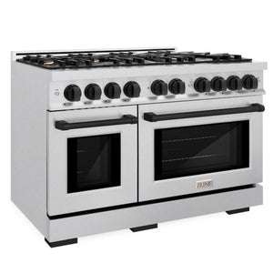ZLINE Autograph 48" 6.7 cu. ft. Select Double Oven Gas Range with 8 Burners in DuraSnow® Stainless Steel and Matte Black Accents, HGRSZ-48-MB