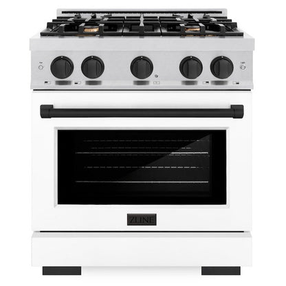 ZLINE Autograph 30" 4.2 cu. ft. Select Gas Range with 4 Burners in DuraSnow® Stainless Steel with White Matte Door and Matte Black Accents, HGRSZ-WM-30-MB