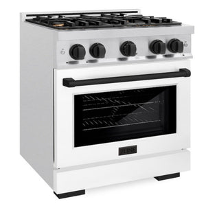 ZLINE Autograph 30" 4.2 cu. ft. Select Gas Range with 4 Burners in DuraSnow® Stainless Steel with White Matte Door and Matte Black Accents, HGRSZ-WM-30-MB