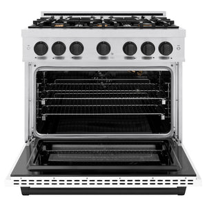 ZLINE Autograph 36" 5.2 cu. ft. Select Gas Range with 6 Burners and Convection Gas Oven in DuraSnow® Stainless Steel with White Matte Door and Matte Black Accents, HGRSZ-WM-36-MB