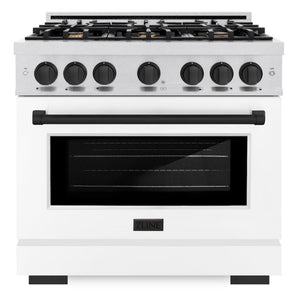 ZLINE Autograph 36" 5.2 cu. ft. Select Gas Range with 6 Burners and Convection Gas Oven in DuraSnow® Stainless Steel with White Matte Door and Matte Black Accents, HGRSZ-WM-36-MB