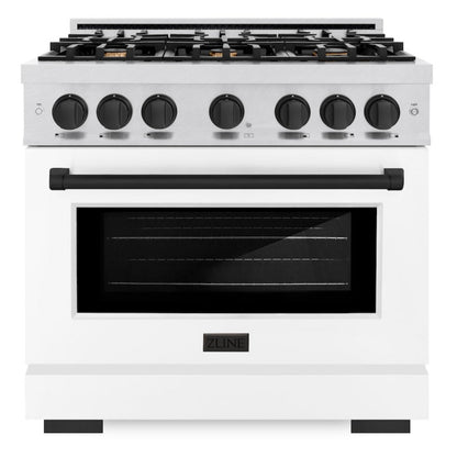 ZLINE Autograph 36" 5.2 cu. ft. Select Gas Range with 6 Burners and Convection Gas Oven in DuraSnow® Stainless Steel with White Matte Door and Matte Black Accents, HGRSZ-WM-36-MB