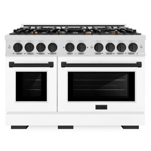 ZLINE Autograph 48" 6.7 cu. ft. Select Double Oven Gas Range with 8 Burners in DuraSnow® Stainless Steel with White Matte Doors and Matte Black Accents, HGRSZ-WM-48-MB