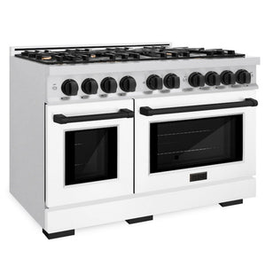 ZLINE Autograph 48" 6.7 cu. ft. Select Double Oven Gas Range with 8 Burners in DuraSnow® Stainless Steel with White Matte Doors and Matte Black Accents, HGRSZ-WM-48-MB