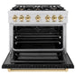 ZLINE Autograph 36" 5.2 cu. ft. Select Dual Fuel Range with 6 Burners in DuraSnow® Stainless Steel with Black Matte Door and Polished Gold Accents, HDRSZ-BLM-36-G