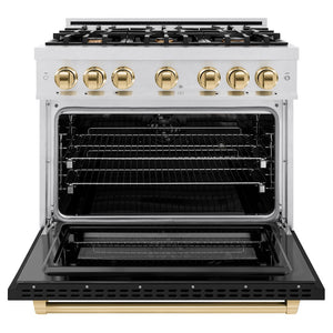 ZLINE Autograph 36" 5.2 cu. ft. Select Dual Fuel Range with 6 Burners in DuraSnow® Stainless Steel with Black Matte Door and Polished Gold Accents, HDRSZ-BLM-36-G
