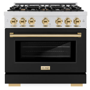 ZLINE Autograph 36" 5.2 cu. ft. Select Dual Fuel Range with 6 Burners in DuraSnow® Stainless Steel with Black Matte Door and Polished Gold Accents, HDRSZ-BLM-36-G