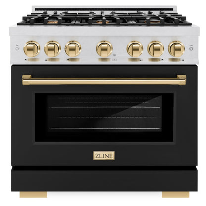 ZLINE Autograph 36" 5.2 cu. ft. Select Dual Fuel Range with 6 Burners in DuraSnow® Stainless Steel with Black Matte Door and Polished Gold Accents, HDRSZ-BLM-36-G