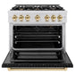 ZLINE Autograph 36" 5.2 cu. ft. Select Gas Range with 6 Burners and Convection Gas Oven in DuraSnow® Stainless Steel with Black Matte Door and Polished Gold Accents, HGRSZ-BLM-36-G