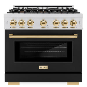 ZLINE Autograph 36" 5.2 cu. ft. Select Gas Range with 6 Burners and Convection Gas Oven in DuraSnow® Stainless Steel with Black Matte Door and Polished Gold Accents, HGRSZ-BLM-36-G