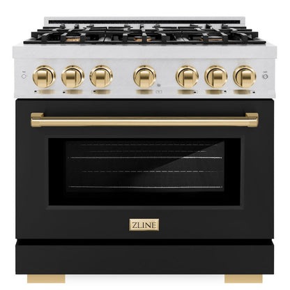 ZLINE Autograph 36" 5.2 cu. ft. Select Gas Range with 6 Burners and Convection Gas Oven in DuraSnow® Stainless Steel with Black Matte Door and Polished Gold Accents, HGRSZ-BLM-36-G