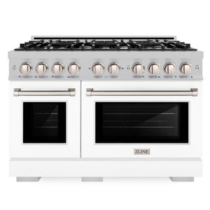 ZLINE 48" 6.7 cu. ft. Select Double Oven Gas Range with 8 Burners in DuraSnow® Stainless Steel with White Matte Doors, HGRS-WM-48