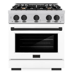 ZLINE Autograph 30" 4.2 cu. ft. Select Dual Fuel Range with 4 Burners in DuraSnow® Stainless Steel with White Matte Door and Matte Black Accents, HDRSZ-WM-30-MB