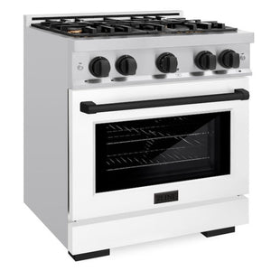 ZLINE Autograph 30" 4.2 cu. ft. Select Dual Fuel Range with 4 Burners in DuraSnow® Stainless Steel with White Matte Door and Matte Black Accents, HDRSZ-WM-30-MB
