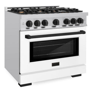 ZLINE Autograph 36" 5.2 cu. ft. Select Dual Fuel Range with 6 Burners in Stainless Steel with White Matte Door and Matte Black Accents, HDRZ-WM-36-MB