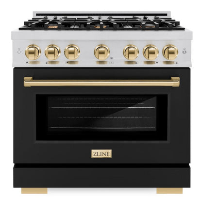 ZLINE Autograph 36" 5.2 cu. ft. Select Dual Fuel Range with 6 Burners in Stainless Steel with Black Matte Door and Polished Gold Accents, HDRZ-BLM-36-G
