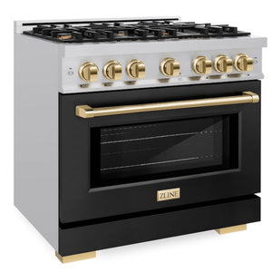 ZLINE Autograph 36" 5.2 cu. ft. Select Dual Fuel Range with 6 Burners in Stainless Steel with Black Matte Door and Polished Gold Accents, HDRZ-BLM-36-G