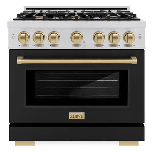 ZLINE Autograph 36" 5.2 cu. ft. Select Gas Range with 6 Burners in Stainless Steel with Black Matte Door and Champagne Bronze Accents, HGRZ-BLM-36-CB