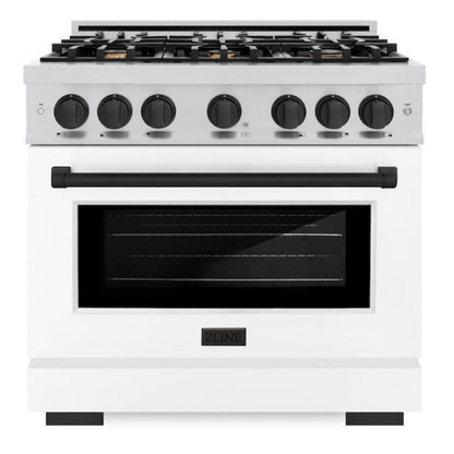 ZLINE Autograph 36" 5.2 cu. ft. Select Gas Range with 6 Burners in Stainless Steel with White Matte Door and Matte Black Accents, HGRZ-WM-36-MB