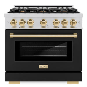 ZLINE Autograph 36" 5.2 cu. ft. Select Gas Range with 6 Burners in Stainless Steel with Black Matte Door and Polished Gold Accents, HGRZ-BLM-36-G