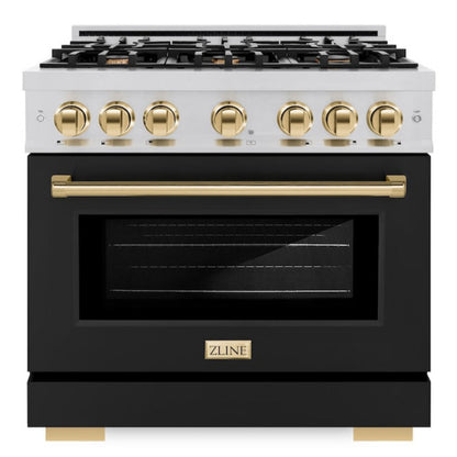 ZLINE Autograph 36" 5.2 cu. ft. Select Gas Range with 6 Burners in Stainless Steel with Black Matte Door and Polished Gold Accents, HGRZ-BLM-36-G
