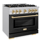 ZLINE Autograph 36" 5.2 cu. ft. Select Gas Range with 6 Burners in Stainless Steel with Black Matte Door and Polished Gold Accents, HGRZ-BLM-36-G