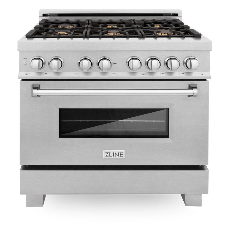 ZLINE 36" 4.6 cu. ft. Gas Burner, Electric Oven with Griddle and Brass Burners in DuraSnow® Stainless Steel, RAS-SN-BR-GR-36