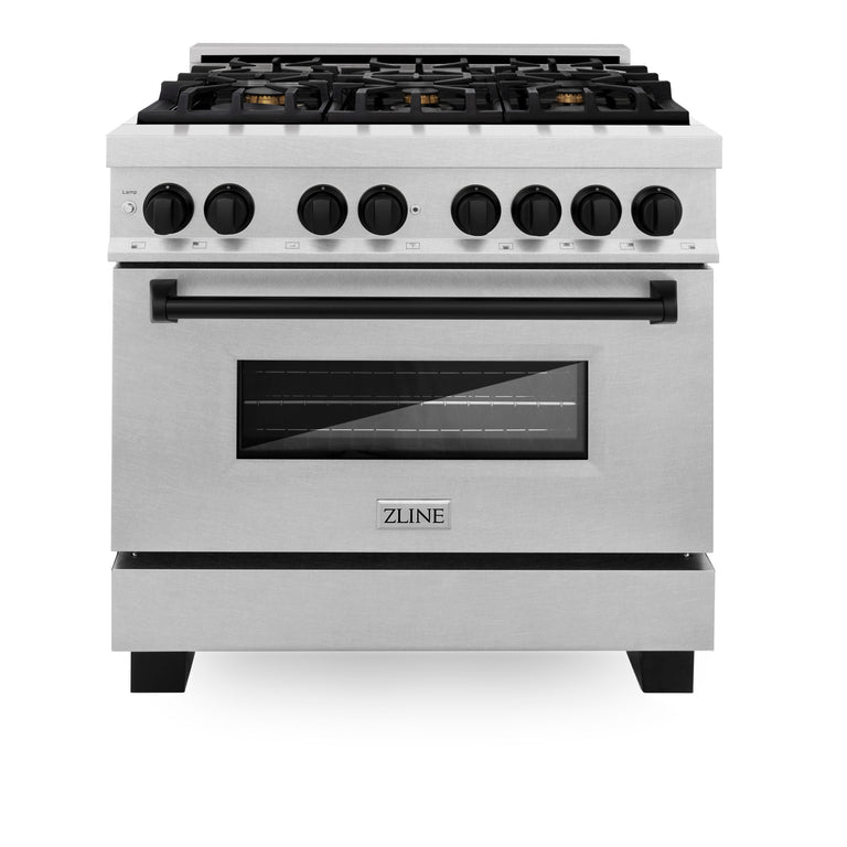 ZLINE Autograph Edition 36 in. 4.6 cu. ft. Range with Gas Stove and Electric Oven in DuraSnow® with Matte Black Accents, RASZ-SN-36-MB