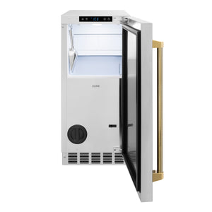 ZLINE Autograph 15" Touchstone Gourmet Ice Maker with Drain Pump and Solid Stainless Steel Door with Polished Gold Helix Handle, IGMDZ-ST-15-KG
