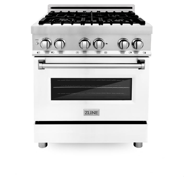 ZLINE 30" 4.0 cu. ft. Gas Burner, Electric Oven with Griddle and White Matte Door in Stainless Steel, RA-WM-GR-30