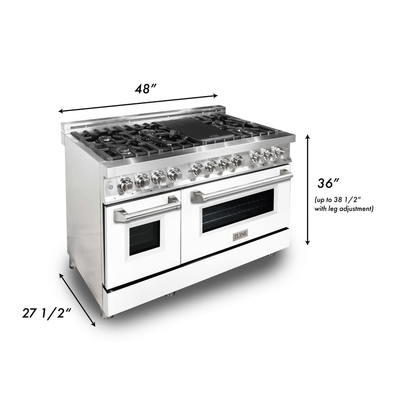 ZLINE 48" 6.0 cu. ft. Gas Burner, Electric Oven with Griddle and White Matte Door in Stainless Steel, RA-WM-GR-48