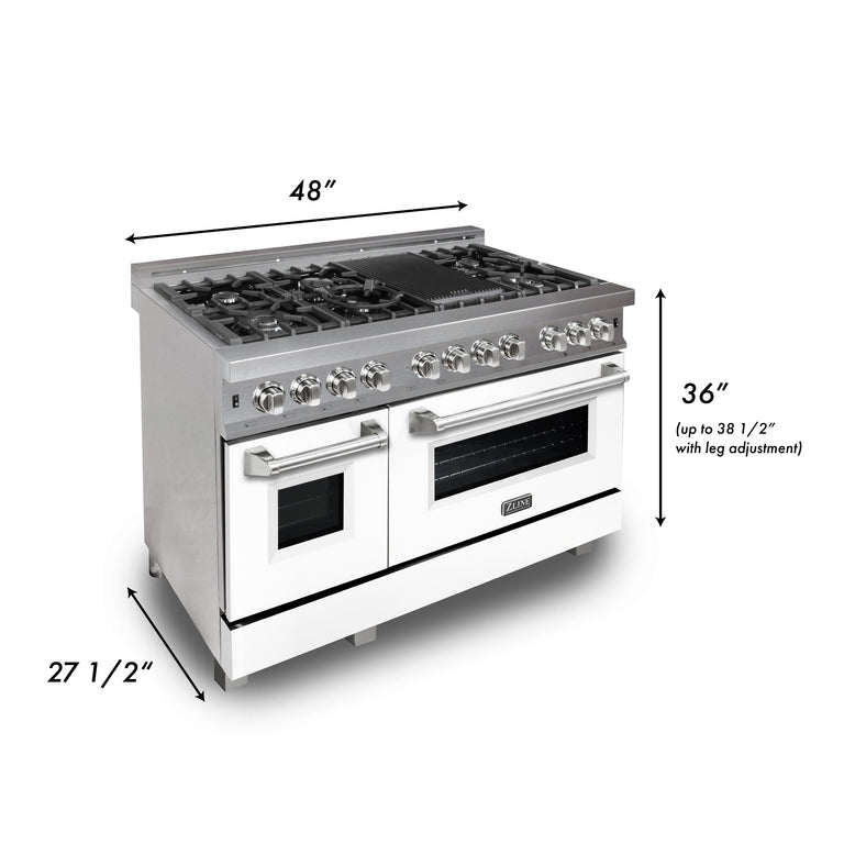ZLINE 48" 6.0 cu. ft. Gas Burner, Electric Oven with Griddle and White Matte Door in DuraSnow® Stainless Steel, RAS-WM-GR-48