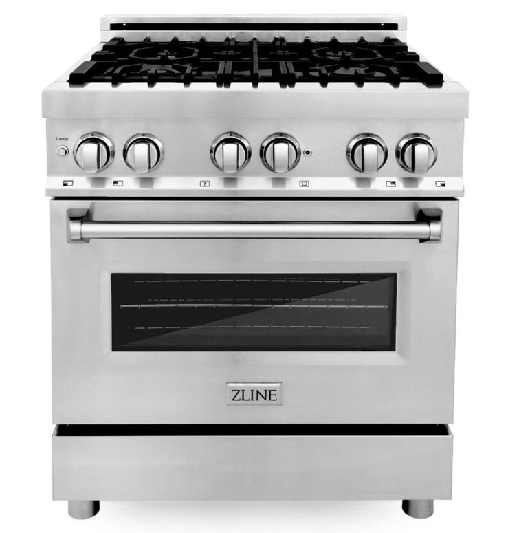 ZLINE Appliance Package - 30" Dual Fuel Range, Microwave Drawer, Range Hood, Refrigerator with Water and Ice Dispenser, Dishwasher, 5KPRW-RARH30-MWDWM