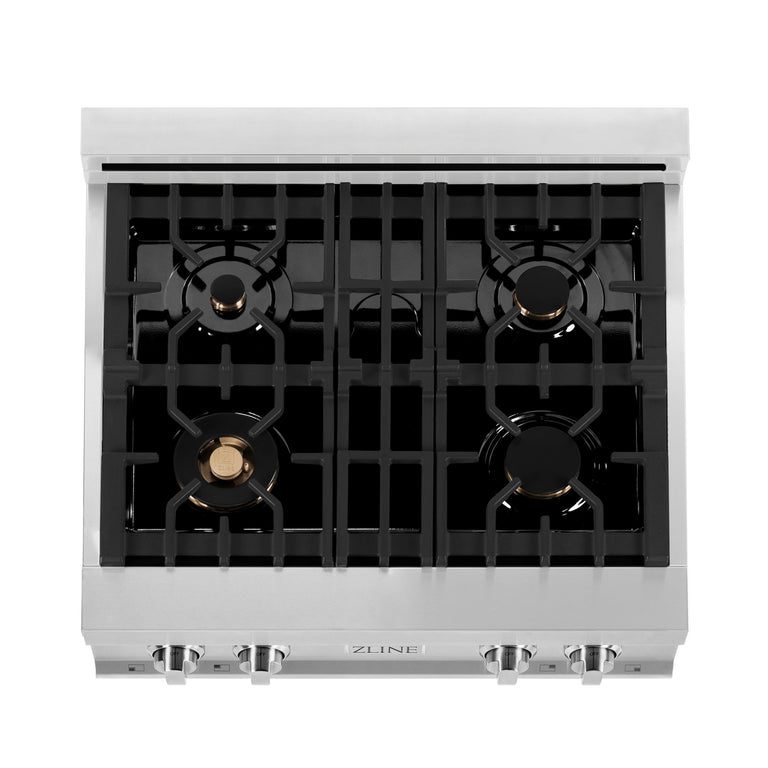 ZLINE 30" Rangetop in Stainless Steel with 4 Gas Brass Burners and Griddle, RT-BR-GR-30