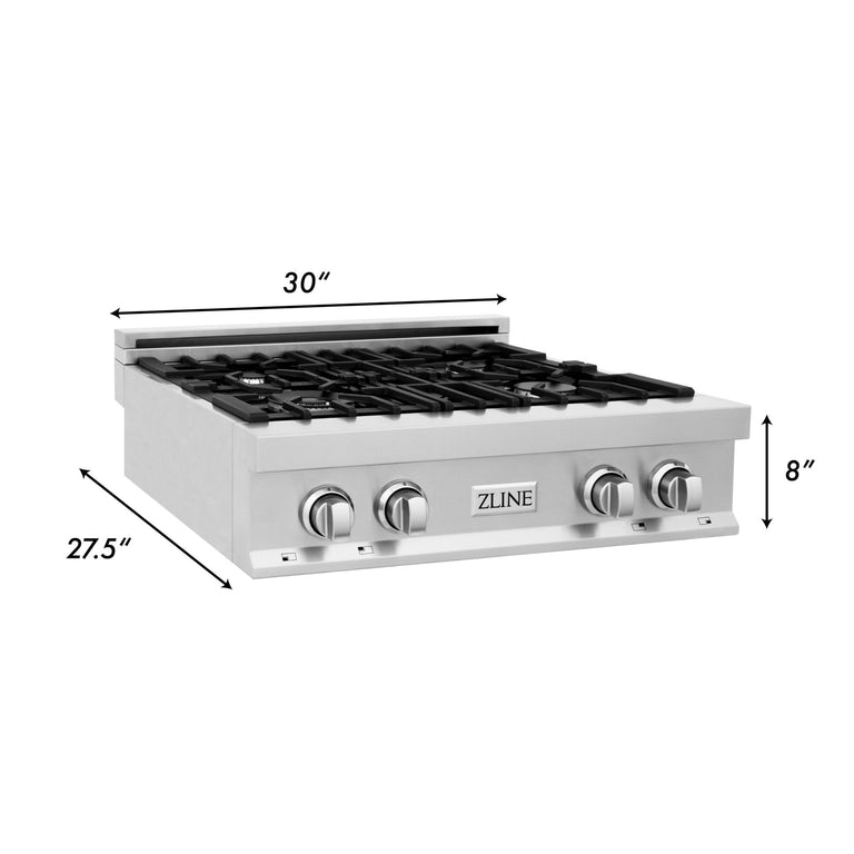 ZLINE 30" Rangetop in Stainless Steel with 4 Gas Burners and Griddle, RT-GR-30