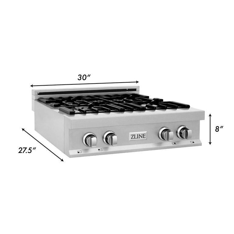 ZLINE 30" Rangetop in DuraSnow® Stainless Steel with 4 Gas Burners and Griddle, RTS-BR-GR-30
