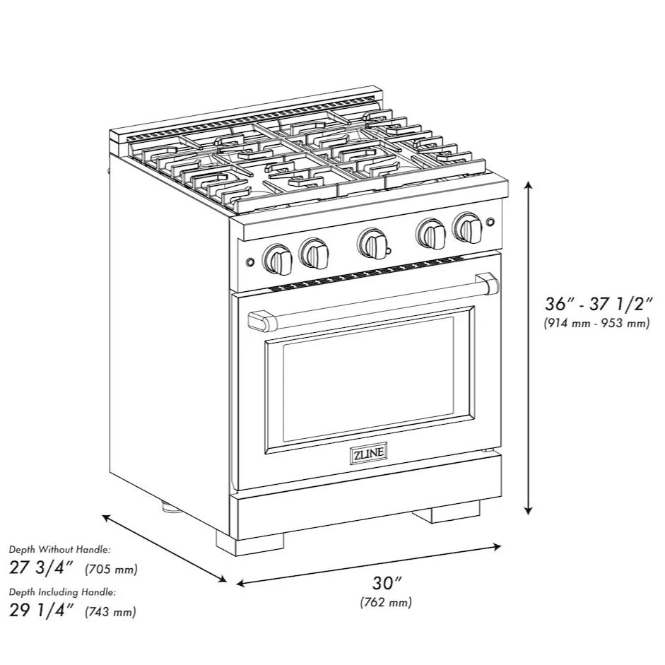 Dimensional drawing of ZLINE 30-inch 4.2 cu. ft. 4 burner gas range with convection oven in DuraSnow stainless steel and white matte door, showing detailed measurements.